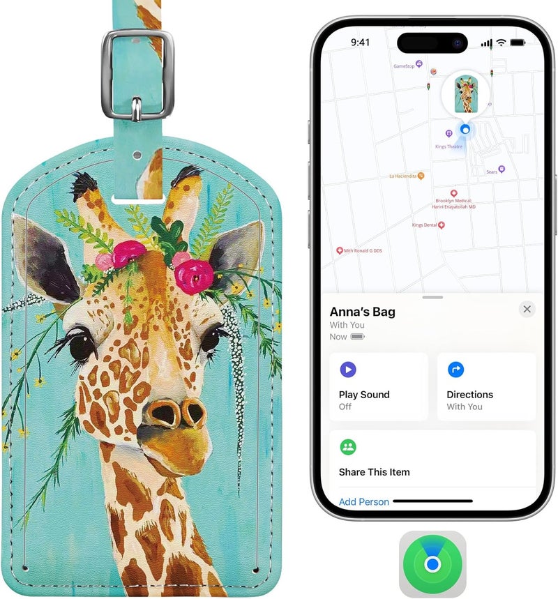 LifeChé Luggage Tags Built-in Anti-Loss Tracker, Luxury Leather Luggage Tags for Suitcase, Travel Bags, Backpacks, Travel Organizer for Lost Baggage Prevention (Giraffe) - Image 1